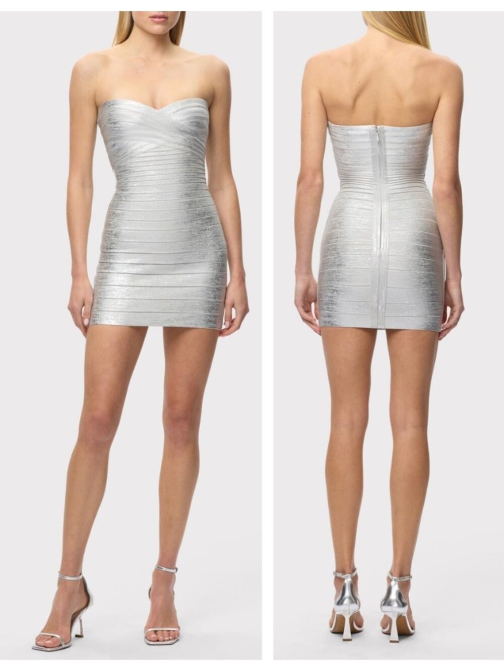 Herve Leger Metallic Isla Strapless Bandage Dress Silver Foil